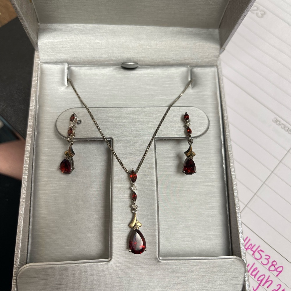 Garnet and diamond necklace and earrings